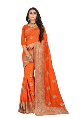 Orange Embroidered Cotton Silk Saree With Blouse 1