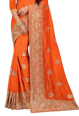 Orange Embroidered Cotton Silk Saree With Blouse 2