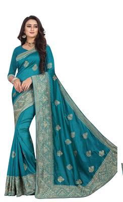 Blue Embroidered Cotton Silk Saree With Blouse 1