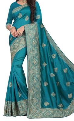 Blue Embroidered Cotton Silk Saree With Blouse 2