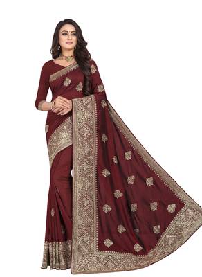 Brown Embroidered Cotton Silk Saree With Blouse 1