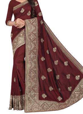 Brown Embroidered Cotton Silk Saree With Blouse 2