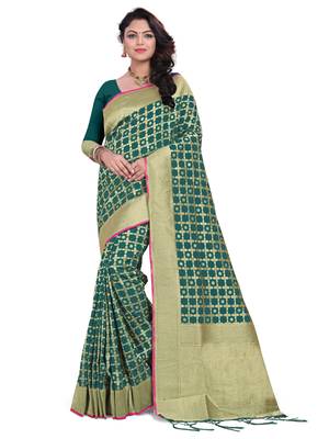 Green Woven Cotton Silk Saree With Blouse 1