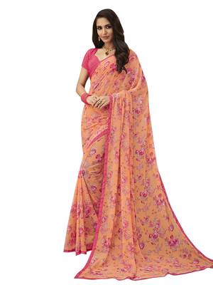Orange Printed Chiffon Saree With Blouse 1