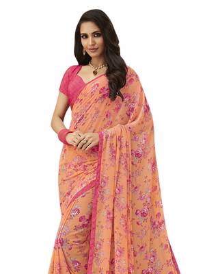 Orange Printed Chiffon Saree With Blouse 2