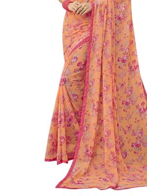 Orange Printed Chiffon Saree With Blouse 3
