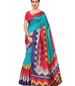 Turquoise Printed Art Silk Saree With Blouse