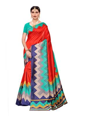 Red Printed Art Silk Saree With Blouse 1