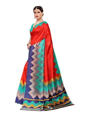 Red Printed Art Silk Saree With Blouse 2