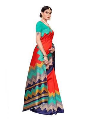 Red Printed Art Silk Saree With Blouse 3