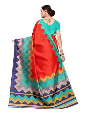 Red Printed Art Silk Saree With Blouse 4