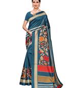 Turquoise Printed Art Silk Saree With Blouse