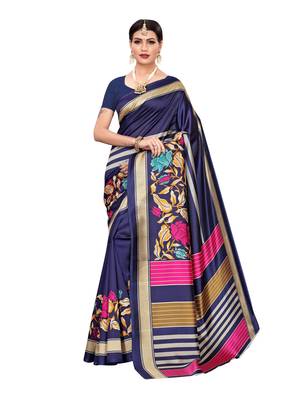 Blue Printed Art Silk Saree With Blouse 1