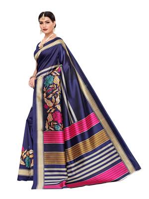 Blue Printed Art Silk Saree With Blouse 2