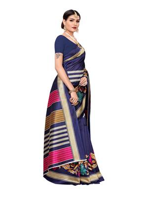 Blue Printed Art Silk Saree With Blouse 3