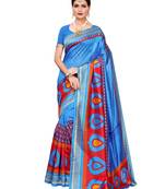 Blue Printed Art Silk Saree With Blouse