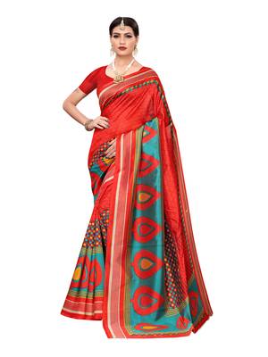 Red Printed Art Silk Saree With Blouse 1