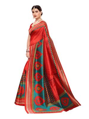 Red Printed Art Silk Saree With Blouse 2