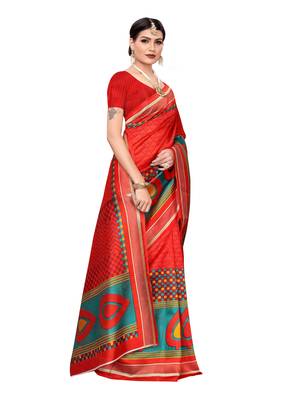 Red Printed Art Silk Saree With Blouse 3