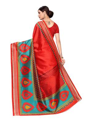 Red Printed Art Silk Saree With Blouse 4