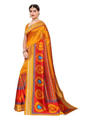 Yellow Printed Art Silk Saree With Blouse 2
