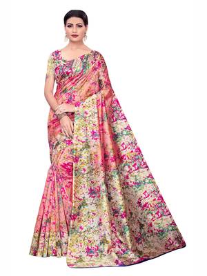 pink printed art silk saree with blouse 1