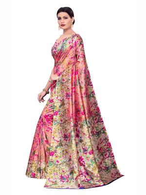 pink printed art silk saree with blouse 2