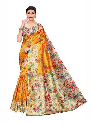 Yellow Printed Art Silk Saree With Blouse 1