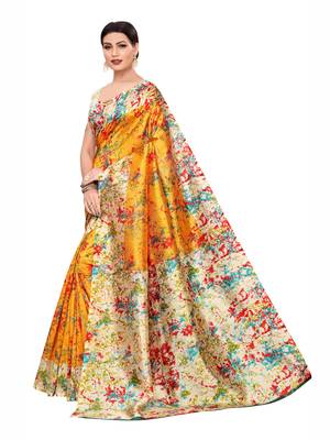 Yellow Printed Art Silk Saree With Blouse 2