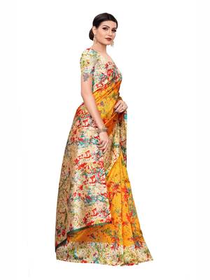 Yellow Printed Art Silk Saree With Blouse 3