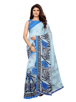 Blue Printed Georgette Saree With Blouse 1