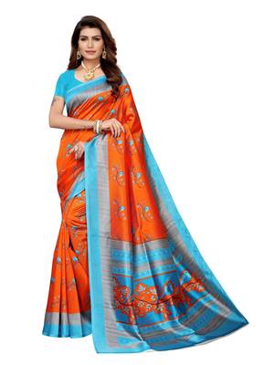 Orange Printed Art Silk Saree With Blouse 1
