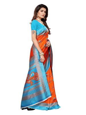 Orange Printed Art Silk Saree With Blouse 3