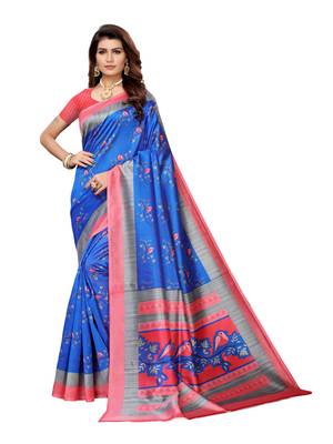 blue printed art silk saree with blouse 1
