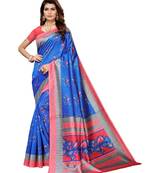 blue printed art silk saree with blouse