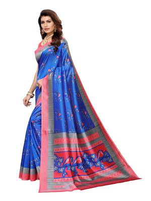 blue printed art silk saree with blouse 2