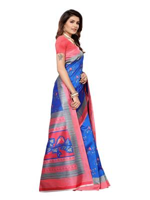 blue printed art silk saree with blouse 3