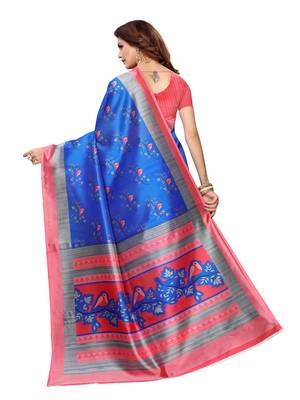 blue printed art silk saree with blouse 4