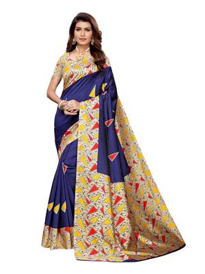 Blue Printed Art Silk Saree With Blouse 1