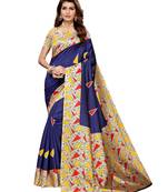 Blue Printed Art Silk Saree With Blouse