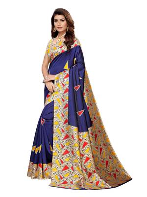 Blue Printed Art Silk Saree With Blouse 2