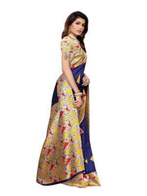 Blue Printed Art Silk Saree With Blouse 3