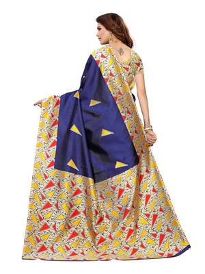 Blue Printed Art Silk Saree With Blouse 4