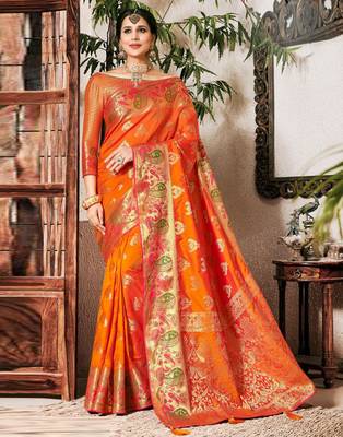 Orange woven silk blend saree with blouse 1