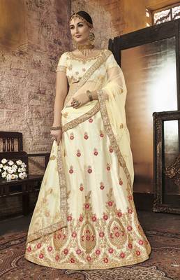 Beige Embroidered Silk Semi Stitched Lehenga 1