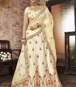 Beige Embroidered Silk Semi Stitched Lehenga