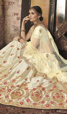 Beige Embroidered Silk Semi Stitched Lehenga 2