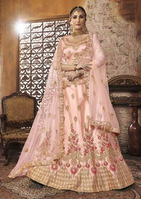 Peach Embroidered Silk Semi Stitched Lehenga 1