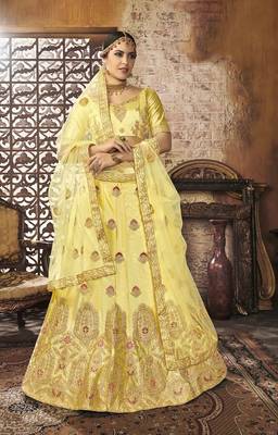 Yellow Embroidered Silk Semi Stitched Lehenga 1