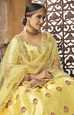 Yellow Embroidered Silk Semi Stitched Lehenga 2